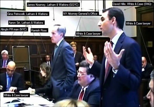 Putting faces to some familiar names, as the lawyers plead their respective cases in front of Justice Herman Cahn in the New York Supreme Court, at the first Hearing. (Latham & Watkins represented GGYC, White & Case represented SNG, but were replaced by Simpson Thacher for all subsequent Hearings).  © Event Media